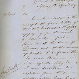 Letter from Colonial Secretary acknowledging receipt of the Application for Issue to Municipal 