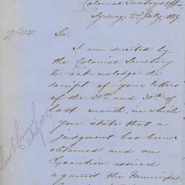 Letter from Colonial Secretary: 1) acknowledging receipt of letters from City Council stating that