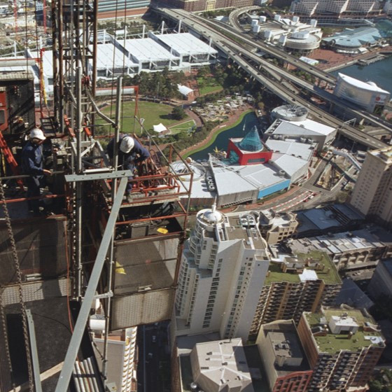 Westerly view of workmen on site lift at the construction of World Square, 2003 by Brian McInerney (A-00031650)
