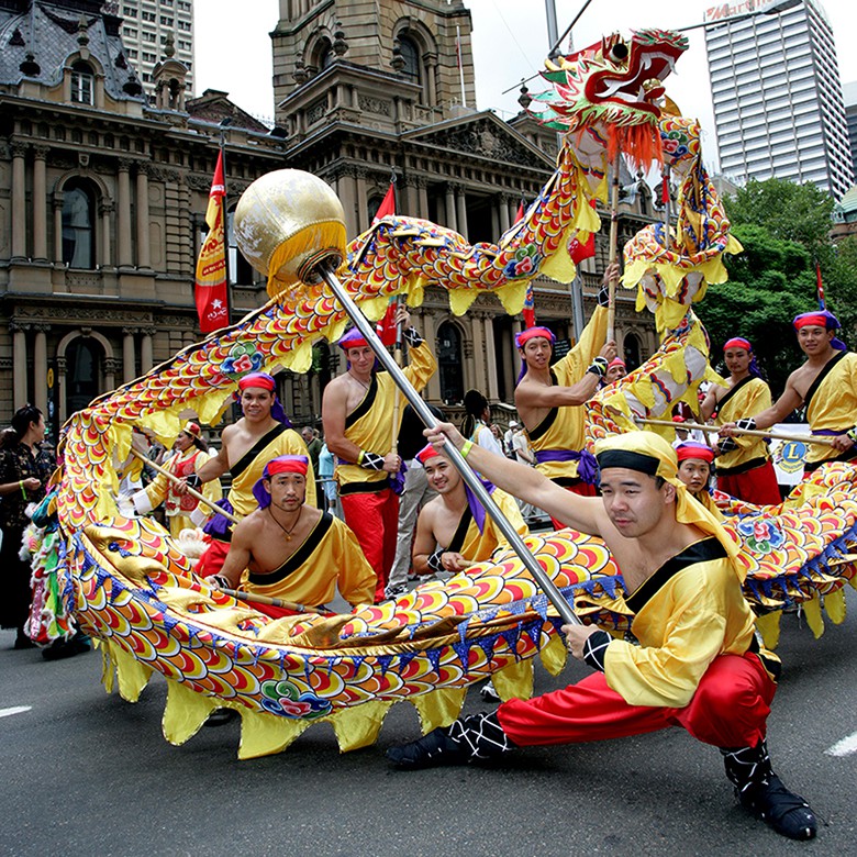 Dragon dancers in Chinese New Year parade, George Street Sydney, 2006 (A-00064291)