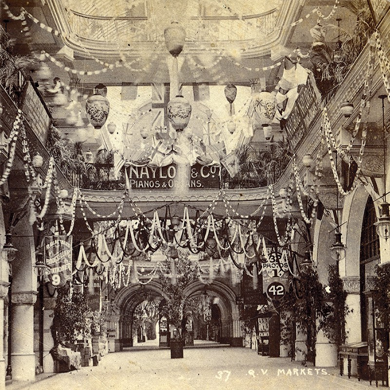 Queen Victoria Building (QVB) decorated for Federation celebrations, Sydney, 1901 (A-00019261)