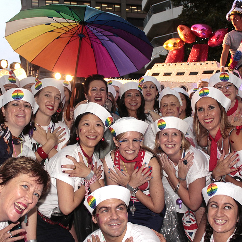 City of Sydney dancers with Clover Moore MP, Mardi Gras pre Parade, 2012 by C.Moore Hardy (A-00071252)