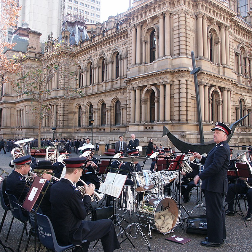 Buskers, Salvation Army playing outside Sydney Town Hall, George Street Sydney, 2004 by Patricia Baillie (A-00065780)