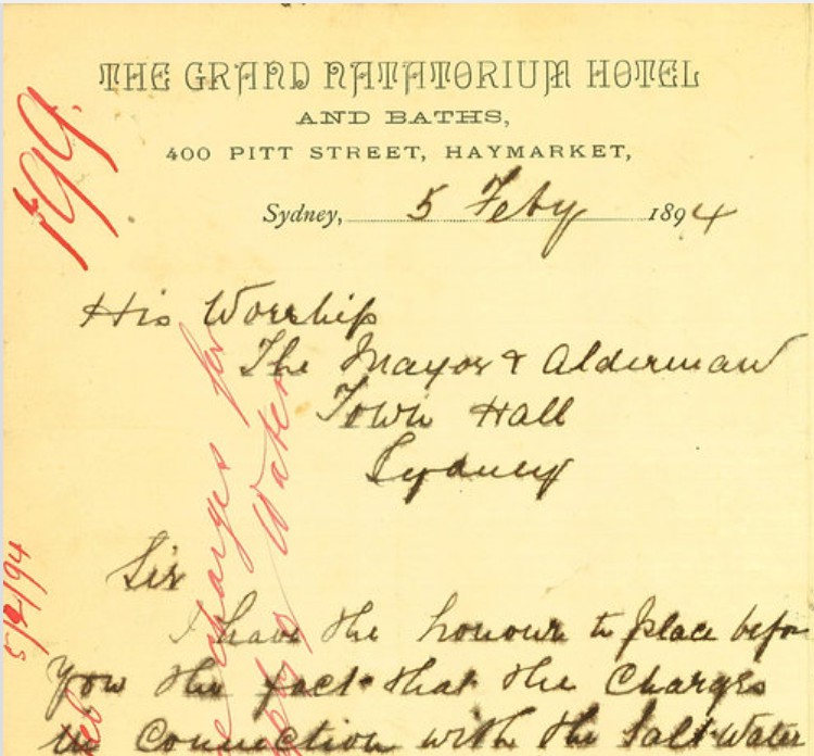 Complaint about high cost for salt water for Natatorium, Pitt Street Haymarket, 1894 (A-00327597)