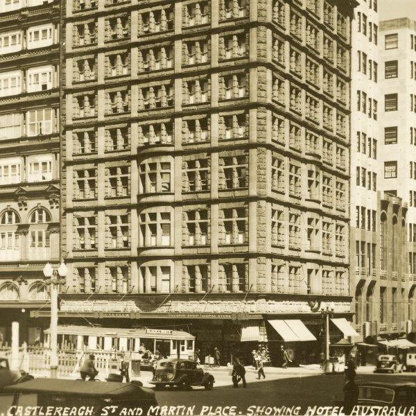 The Commercial Travellers Association & Club Building is on the corner, Hotel Australia Castlereagh Street is at left with the Hotel Australia Art Deco addition on Martin Place visible on the right. A-00013796