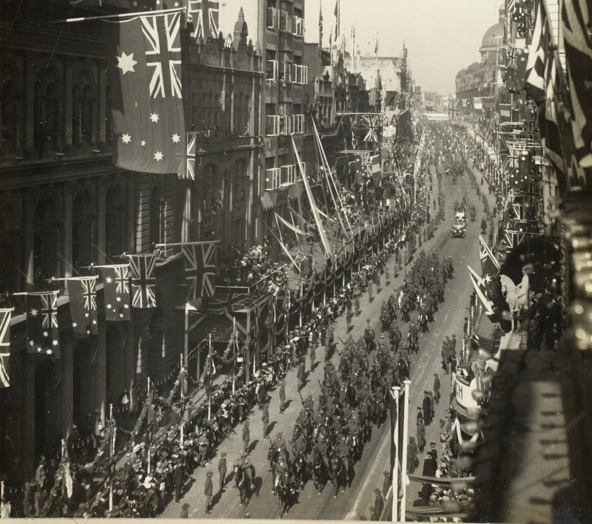Street decorations and troops, George Street Sydney, 1920 (A-00040169)