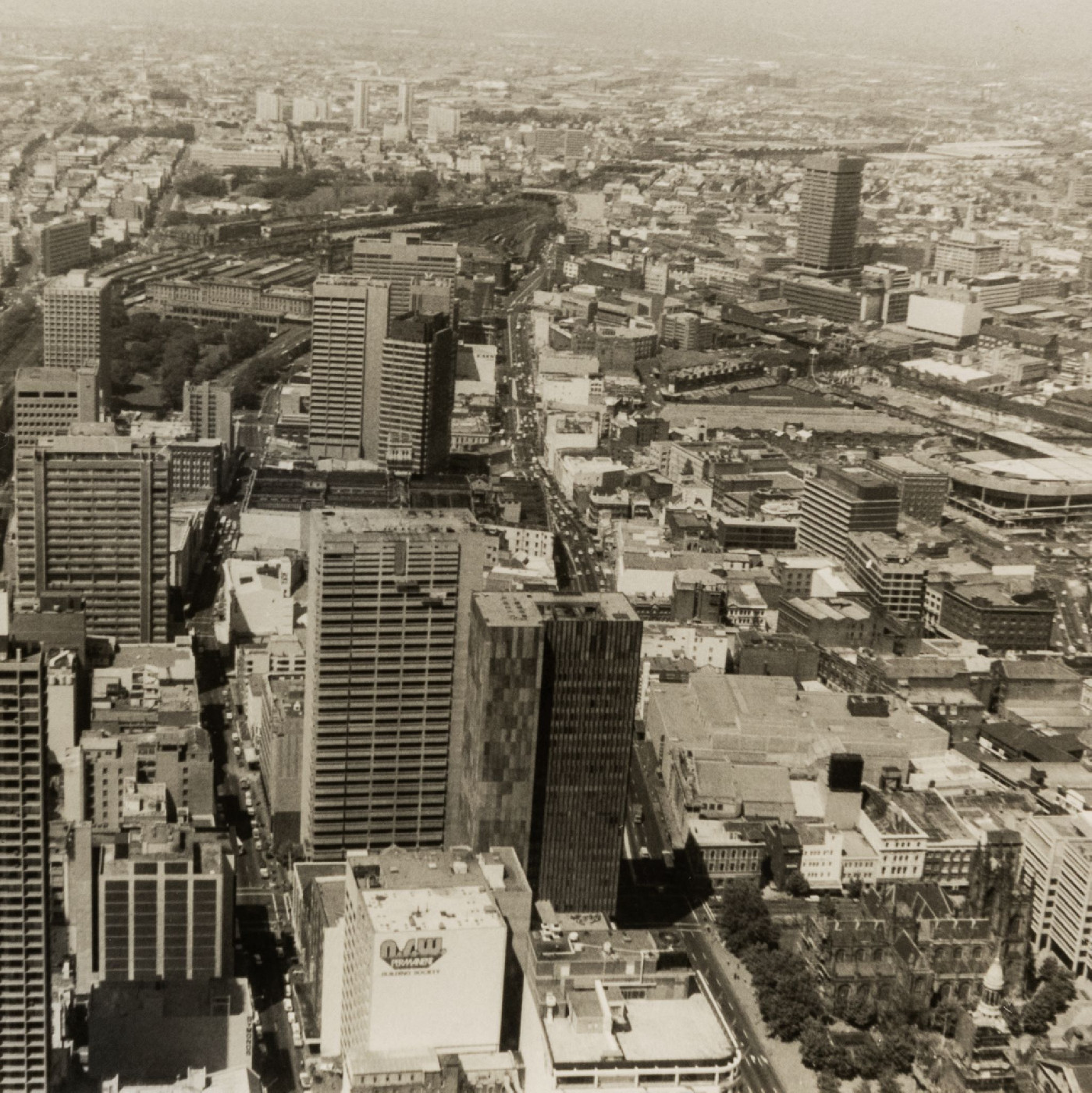 Sydney central business district view towards Central Railway Station from Sydney Tower, circa 1980s by Rupert Gough (A-01174878)