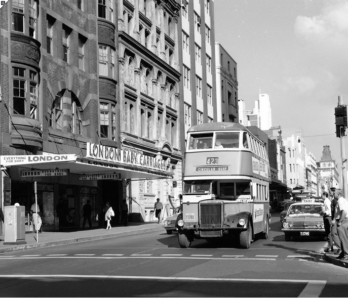 Bus in Castlereagh Street at Park Street Sydney, 1969 (A-01108000)