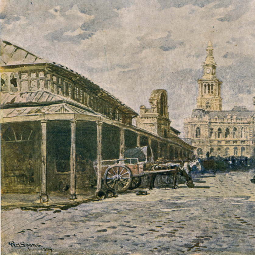 Old George Street markets, York Street from Market Street Sydney, 1889 (A-00008403)