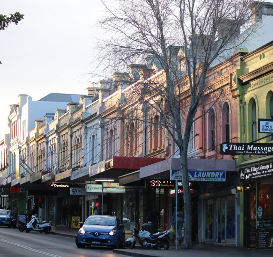 Sunlight fading on shops, Glebe Point Road, Glebe, 2018 (A91215915)