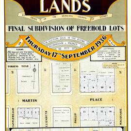 Auction Notice - Martin Place lands, final subdivision of freehold lots, 1936