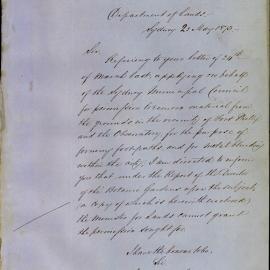Letter - Refusal for removal of soil from Fort Phillip and the Observatory, 1873
