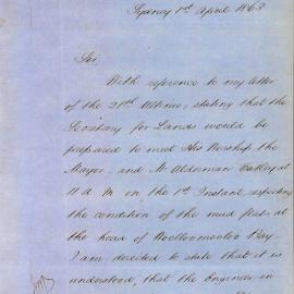 Letter - Department of Lands request to postpone inspection of mud flats, Woolloomooloo, 1863 