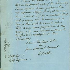 Letter - Observatory to City Engineer regarding quarrying of rock, Argyle St Millers Point, 1858