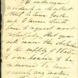 Petition - Request for restoration of water supply, Market Street Sydney, 1865