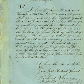 Memorandum - Richard Seymour reporting on the dangerous state of Kent Street North, Millers Point, 1866 