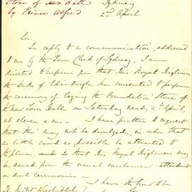 Letter - Duke of Edinburgh has consented to lay the foundation stone of the New Town Hall, 1868