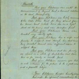 Petition - Request from Michael Tierney for a new cab driver's license, Millers Point, 1871