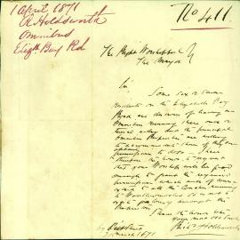 Letter - Request by Richard Holdsworth for coach services for residents of Elizabeth Bay Road, 1871