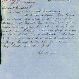 Letter - Request, compensation for amputation of arm after insect sting at Elizabeth Bay, 1877-1878