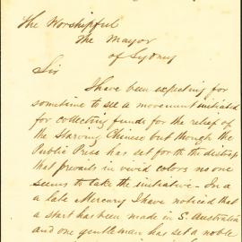 Letter - Request for fund for relief of starving Chinese, 1878