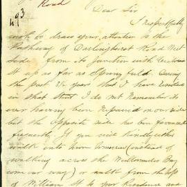 Letter - Complaint about state of the footway on Darlinghurst Road Darlinghurst, 1879