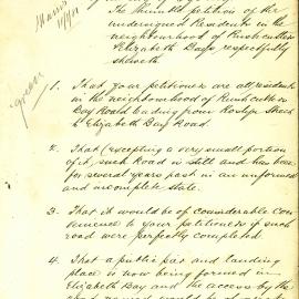 Petition - Rushcutters and Elizabeth Bay residents request roads and pier be formed properly, 1881