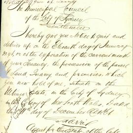 Letter - Notice to quit tenancy of quarry in Ultimo Street, Ultimo, 1861