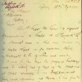 Letter - Request permission to build at Elizabeth Bay adjacent to Macleays, with sketch, 1880