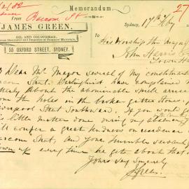 Letter - Abominable smell from gutter stones, Liverpool Street Darlinghurst, 1882