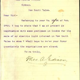 Letter -  Thomas Edison - Advice on lighting Sydney with electric lights, 1882
