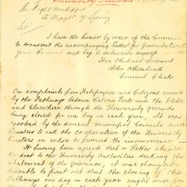 Letter - Objections to closure of pathways Victoria Park and Glebe, 1886
