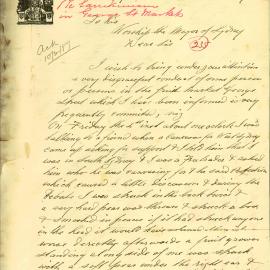 Letter - Complaint of larrikinism at the Fruit Market, George Street Sydney, 1887