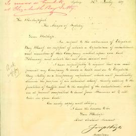 Letter - Application to temporarily moor a hulk at the end of Elizabeth Bay jetty, 1887