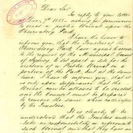 Letter - Permission for Council to erect a public urinal, Observatory park, 1888