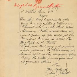 Letter - Lighting for Point Street Baths Pyrmont, 1899 