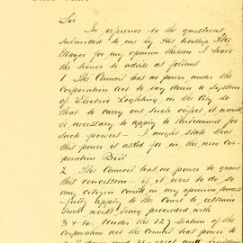 Memorandum - Report by City Solicitor on Council's power regarding electric lighting, 1891 