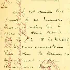 Letter - Application for house refuse for Macdonaldtown Park, 1892