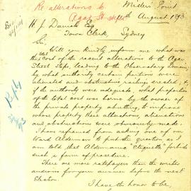 Letter- Requesting information about the cost of Agar Steps, Millers Point, 1893