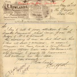 Letter - E Rowlands complaint about the smoke coming from a nearby factory at Darling Harbour, 1898