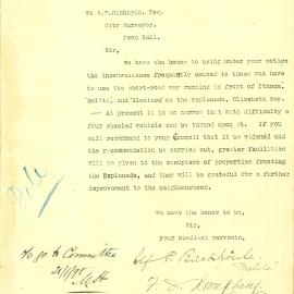 Letter - Elizabeth Bay residents request widening of road at the Esplanade Elizabeth Bay, 1897-1898