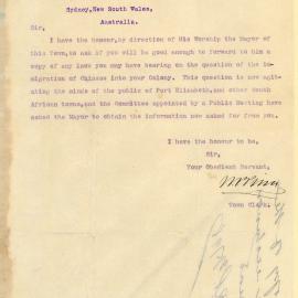 Letter - Request for laws regarding immigration of Chinese to Colony, 1898