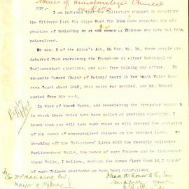 Letter - Requirement to exclude unnaturalised Chinese from citizens list, 1894