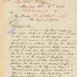 Letter - Complaint about irregular watering of Market Street Sydney, 1899