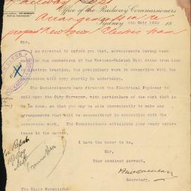 Letter - On the conversion of the Newtown Dulwich Hill steam train line to electric, 1899