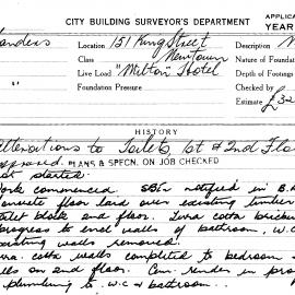 Building Inspectors Card - Alterations, Milton Hotel, 151 King Street Newtown, 1962