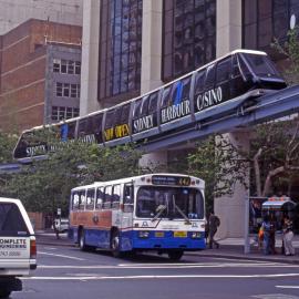 Bus and monorail in Market Street at York Street Sydney, 1995