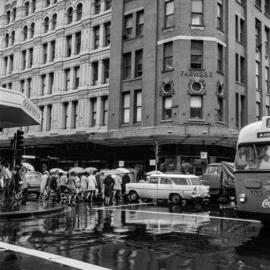 Pedestrians crossing Market Street outside Farmer's, Pitt Street Sydney, 1969