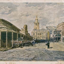 Old George Street markets, looking south along York Street from Market Street Sydney, 1889