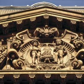 Sydney Town Hall, stone carved design of the Sydney coat of arms, George Street Sydney, 1992